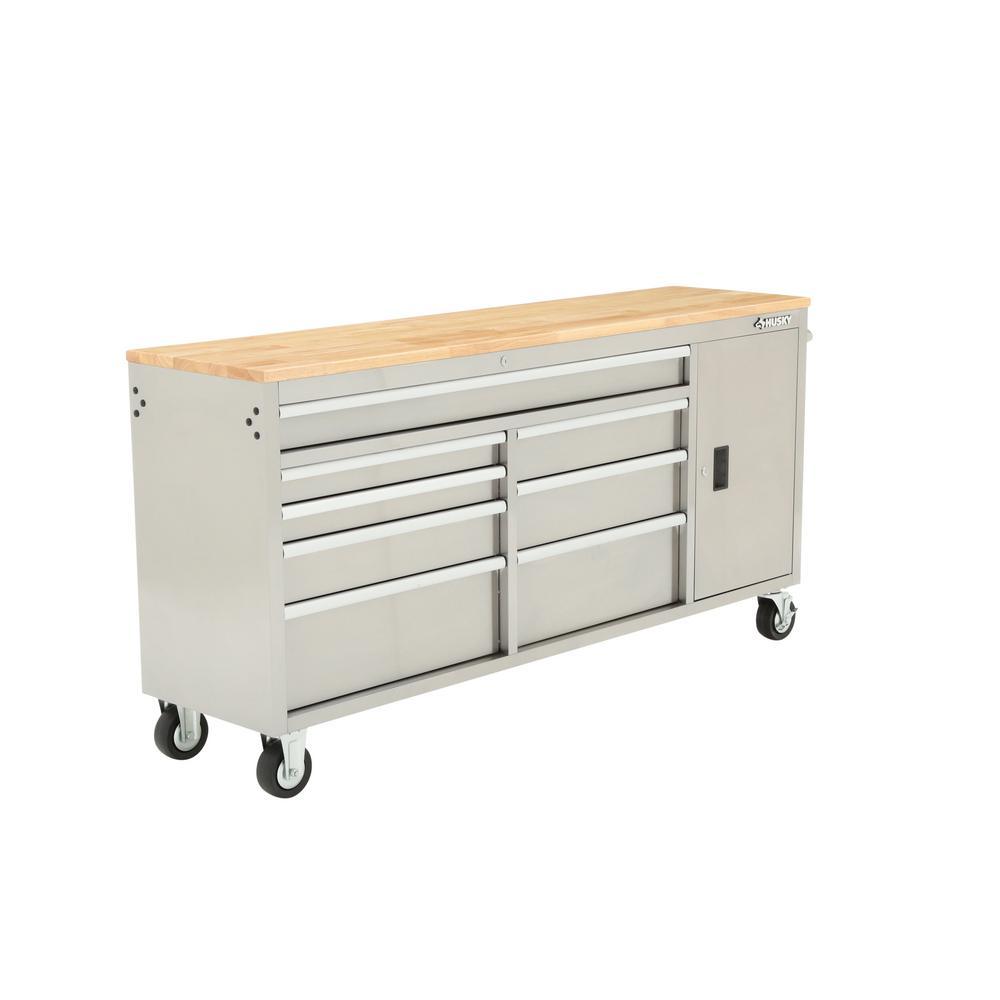 72 in. 8-Drawer and 1-Door Mobile Workbench in Stainless Steel