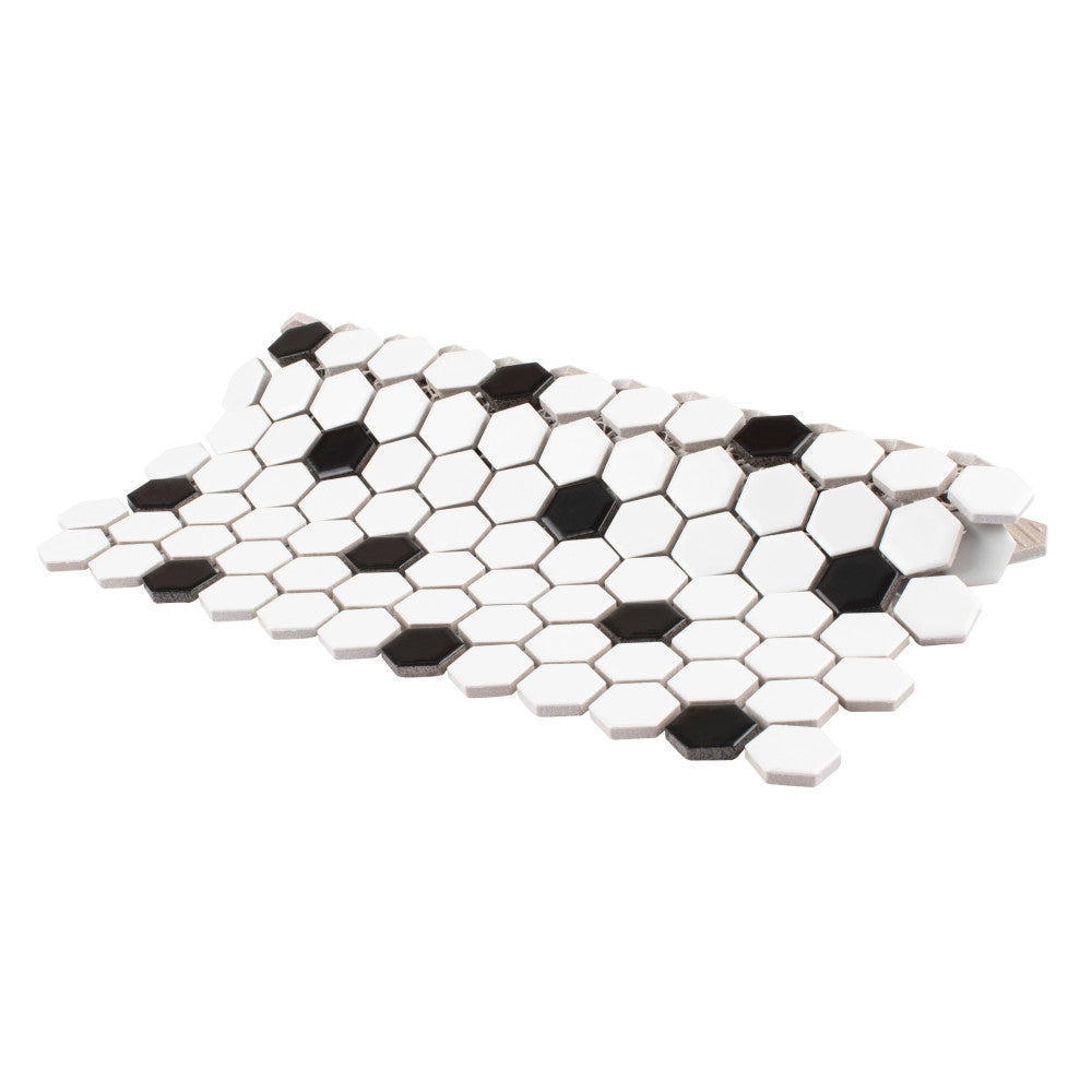 Merola Tile Madison Hex Matte 11-7/8 in. x 10-1/4 in. x 6mm Cool White with Black Dot Porcelain Mosaic Tile
