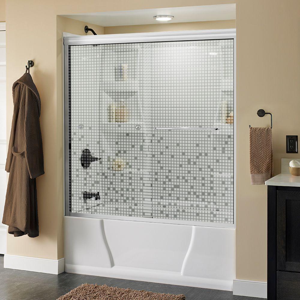 Simplicity 60 in. x 58-1/8 in. Semi-Frameless Traditional Sliding Bathtub Door in Bronze with Mozaic Glass - Super Arbor
