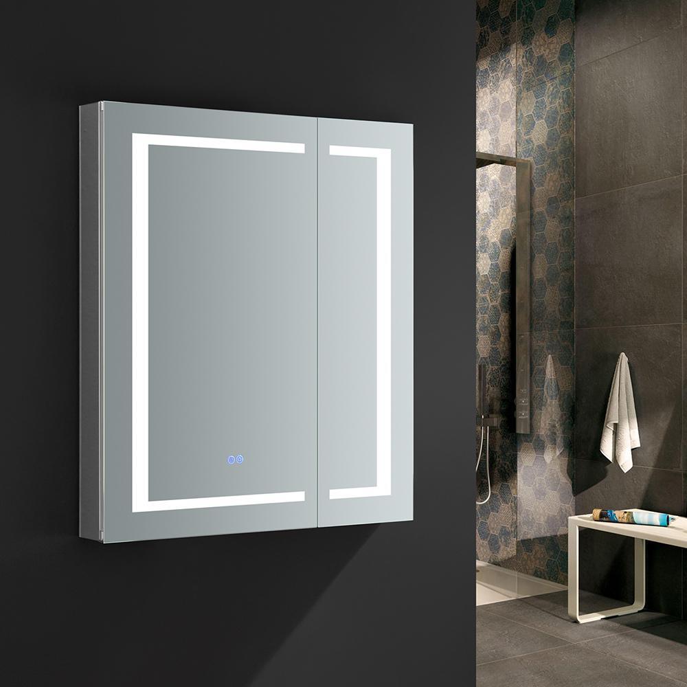 Spazio 30 in. W x 36 in. H Recessed or Surface Mount Medicine Cabinet with LED Lighting and Mirror Defogger - Super Arbor