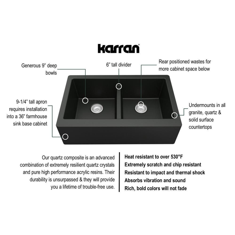 Farmhouse Apron Front Quartz Composite 34 in. Double Bowl Kitchen Sink in Black - Super Arbor