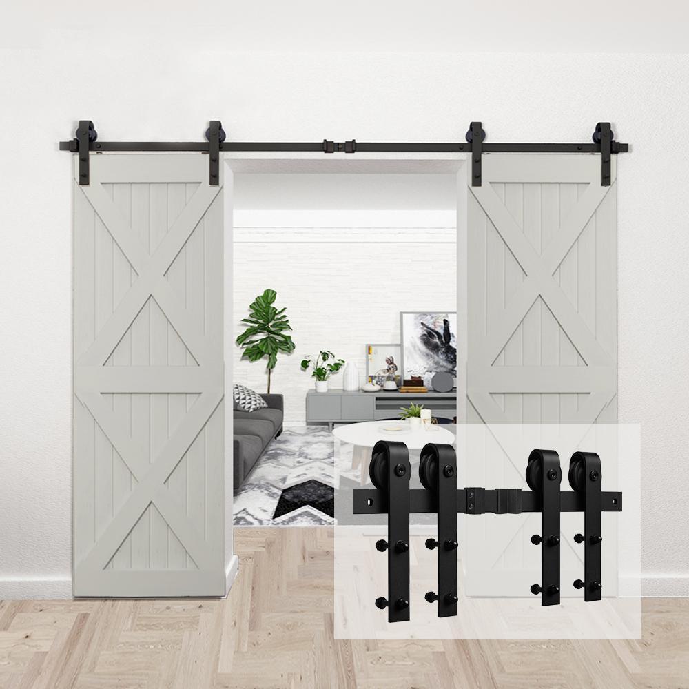 10 ft./120 in. Black Steel Sliding Barn Door Track and Hardware Kit for Double Doors with Floor Guide (J-Shape Hanger) - Super Arbor