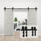 10 ft./120 in. Black Steel Sliding Barn Door Track and Hardware Kit for Double Doors with Floor Guide (J-Shape Hanger) - Super Arbor