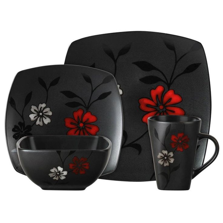 Evening Blossom 16-Piece Casual Black Stoneware Dinnerware Set (Service for 4)