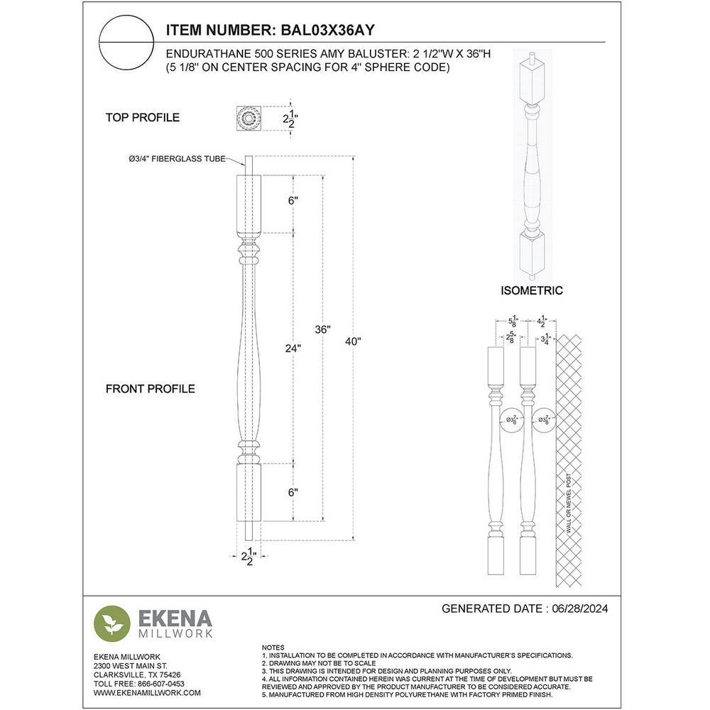 Ekena Millwork Endurathane 500 Series 36 in. H x 2.5 in. W White Resin Stair Baluster
