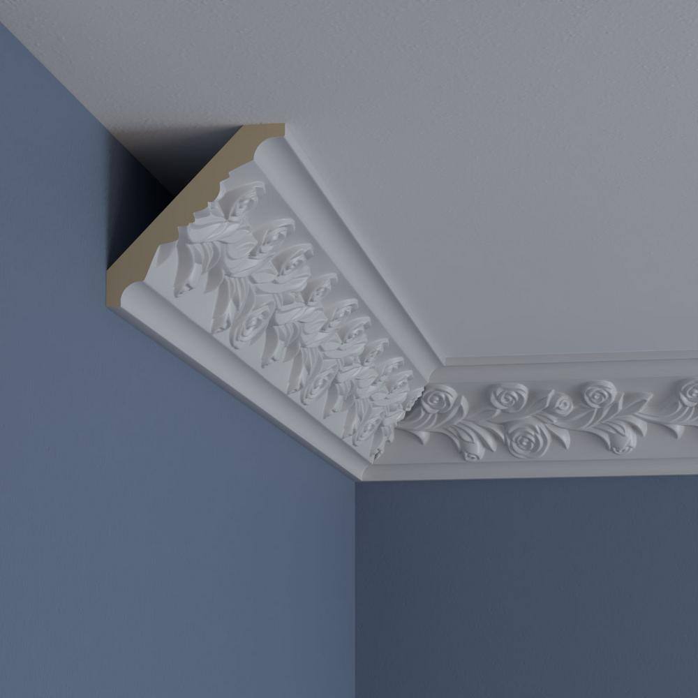 Ekena Millwork 3-7/8 in. x 3-7/8 in. x 94-1/2 in. Polyurethane Rose Crown Moulding