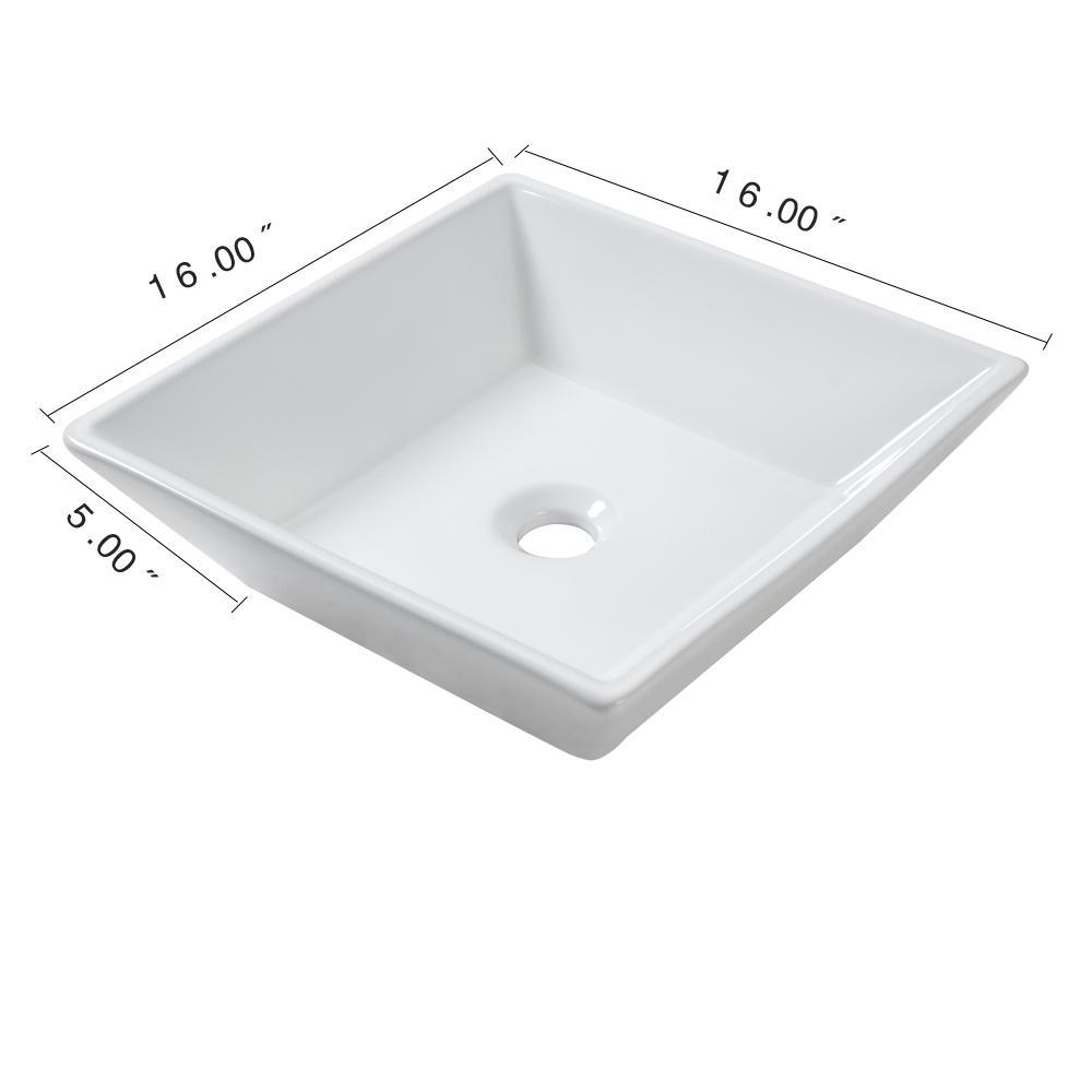 16 in. x 16 in. x 5 in. Vessel Sink in White Bathroom Ceramic Square Porcelain Sink - Super Arbor