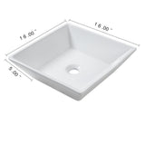 16 in. x 16 in. x 5 in. Vessel Sink in White Bathroom Ceramic Square Porcelain Sink - Super Arbor