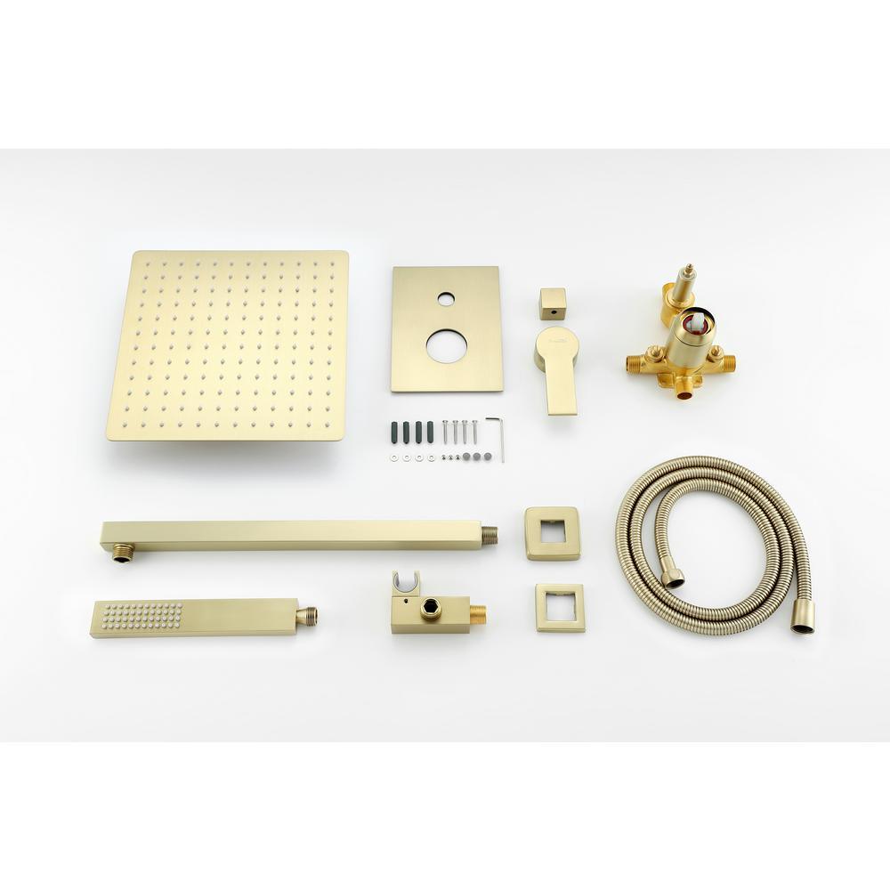 1-Spray Patterns with 2.66 GPM 12 in. Wall Mount Dual Shower Heads with Rough-In Valve Body and Trim in Brushed Gold - Super Arbor