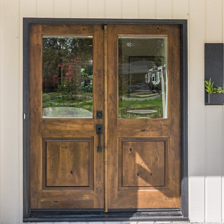 Krosswood Doors 72 in. x 80 in. Knotty Alder 2-Panel Right-Hand Inswing 1/2 Lite Clear Glass Unfinished Double Prehung Wood Front Door