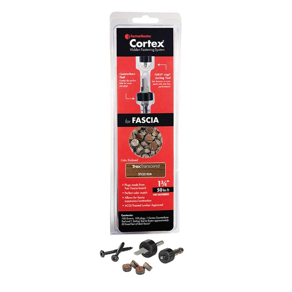 FastenMaster Cortex Hidden Fastening System for Trex Transcend Fascia – 1-3/4 inch Cortex screws and plugs – Spiced Rum (50 LF)