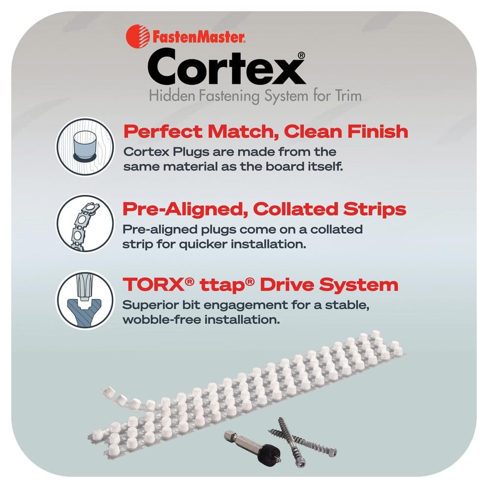 FastenMaster Collated Cortex Hidden Fastening System for Veranda Trim – 2 inch Cortex screws and plugs – Smooth (250 LF)
