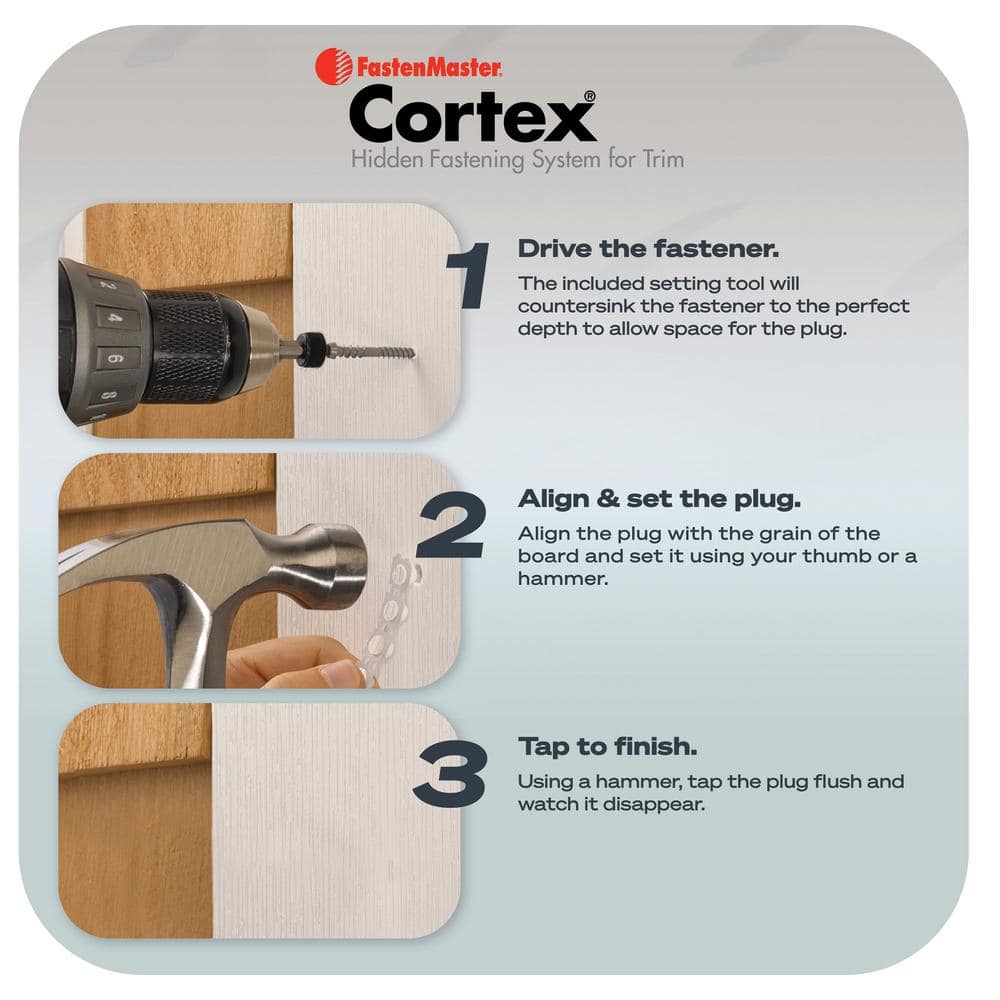 FastenMaster Collated Cortex Hidden Fastening System for Veranda Trim – 2 inch Cortex screws and plugs – Smooth (250 LF)