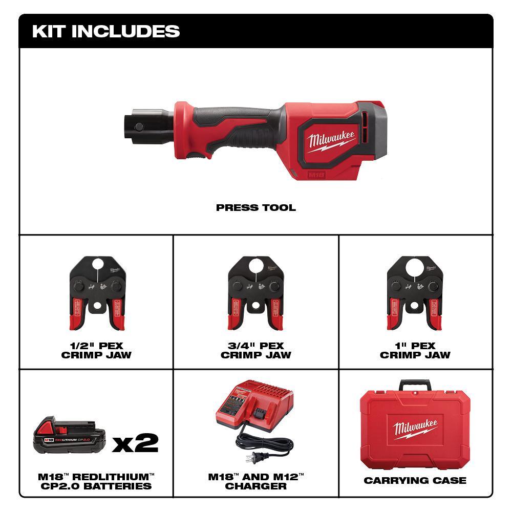 M18 18-Volt Lithium-Ion Cordless Short Throw Press Tool Kit w/ (3) PEX Crimp Jaws, & Free M18 Fuel Hackzall - Super Arbor