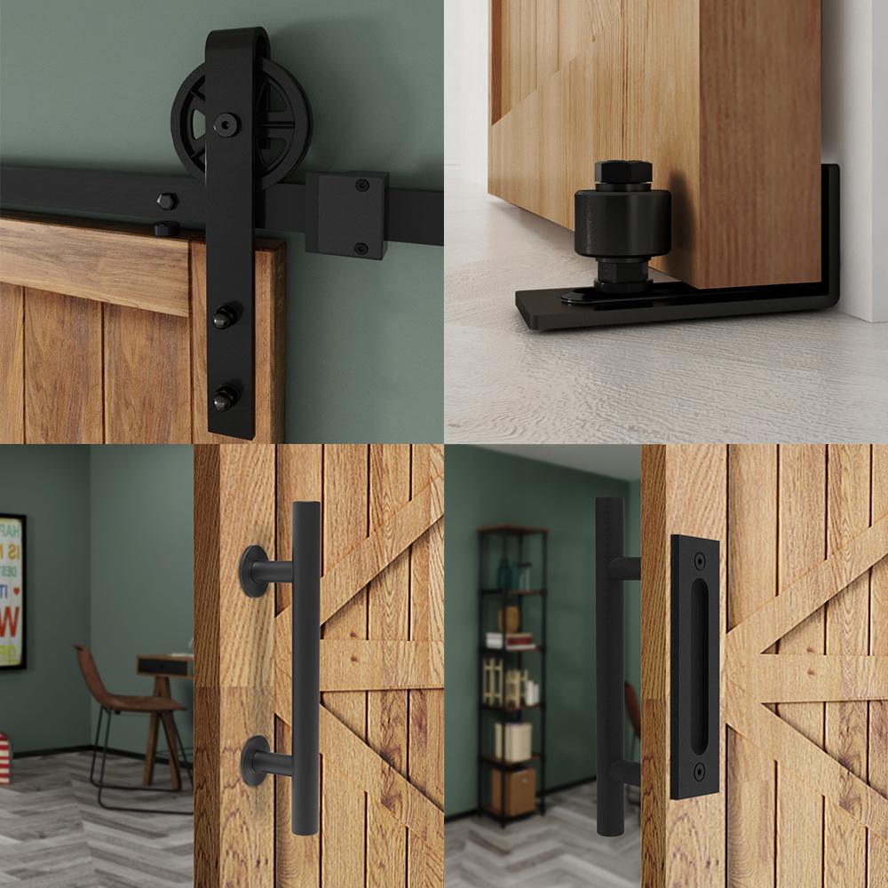 5 ft./60 in. Black Steel Bent Strap Sliding Barn Door Track and Hardware Kit with 12 in. Square Pull and Flush Handle - Super Arbor