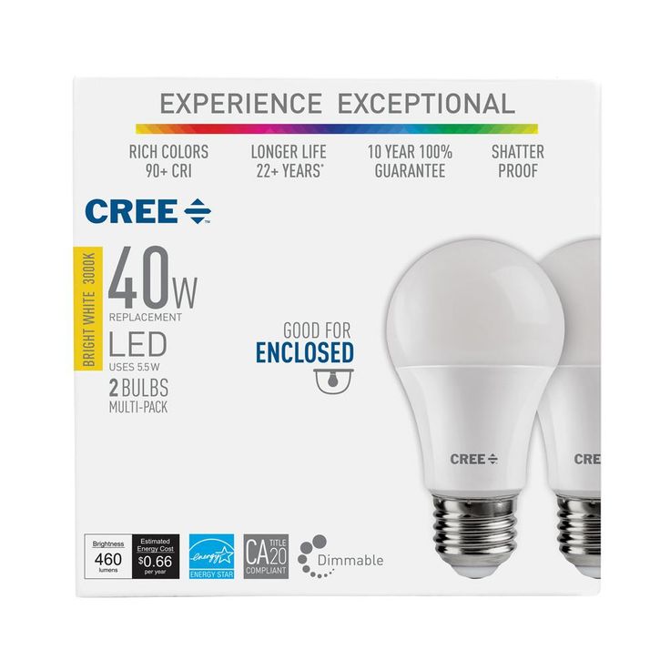 Cree 40W Equivalent Bright White (3000K) A19 Dimmable Exceptional Light Quality LED Light Bulb (2-Pack)