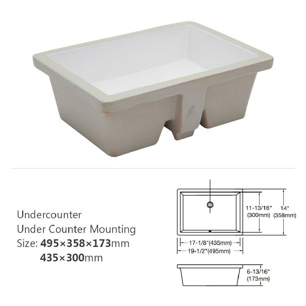 20 in. Undermount Rectangular Porcelain Ceramic Bathroom Sink in White with Overflow Drain - Super Arbor