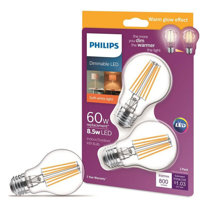 Philips 60-Watt Equivalent A19 Dimmable Warm White LED Light Bulb Glass with Warm Glow Effect (4-Pack)