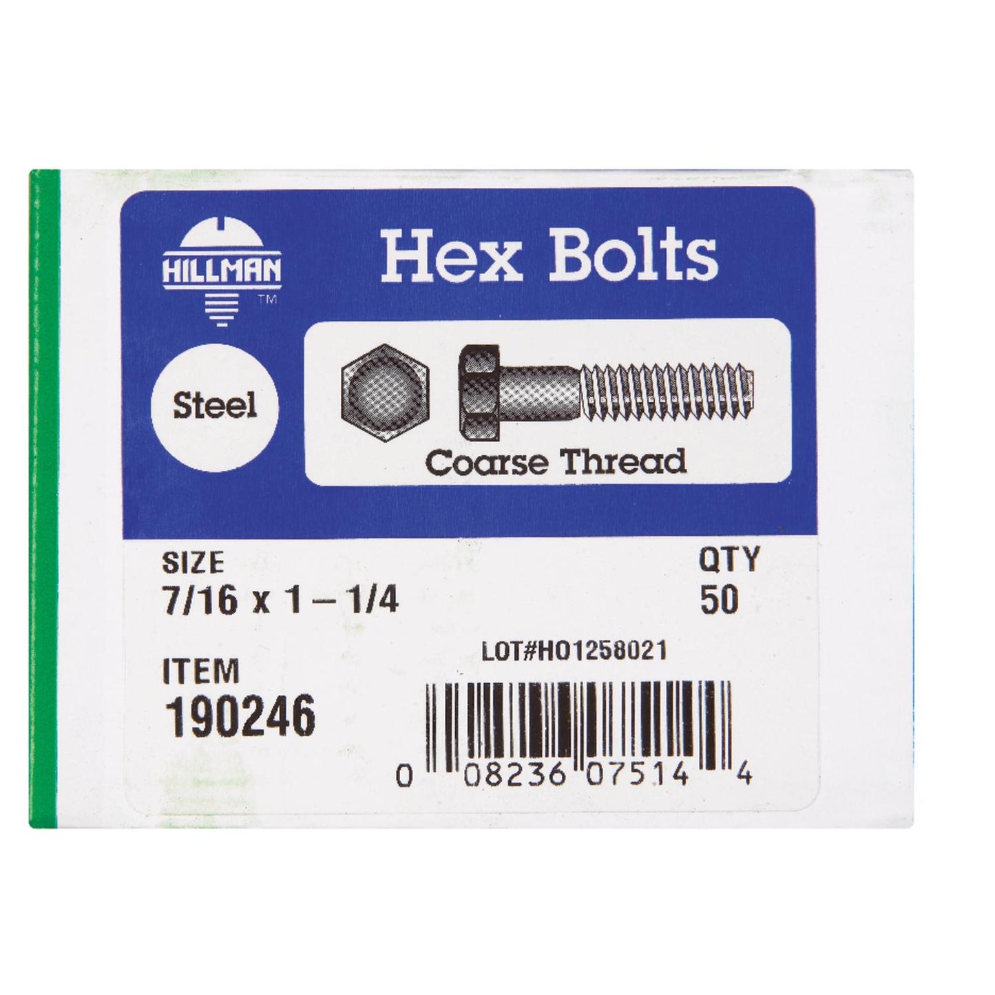 Hillman 7/16 in. Diameter x 1-1/4 in. Length Zinc-Plated Steel Hex Bolt, Coarse Thread, 50-Pack