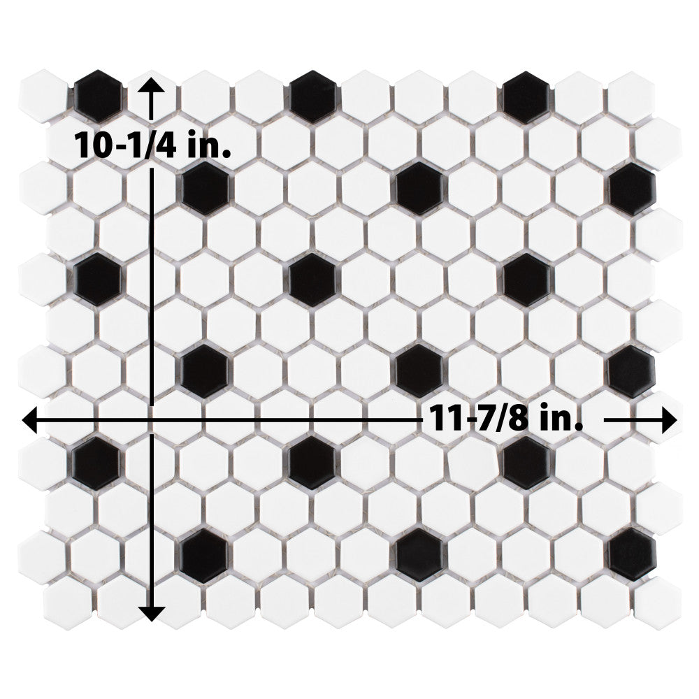 Merola Tile Madison Hex Matte 11-7/8 in. x 10-1/4 in. x 6mm Cool White with Black Dot Porcelain Mosaic Tile