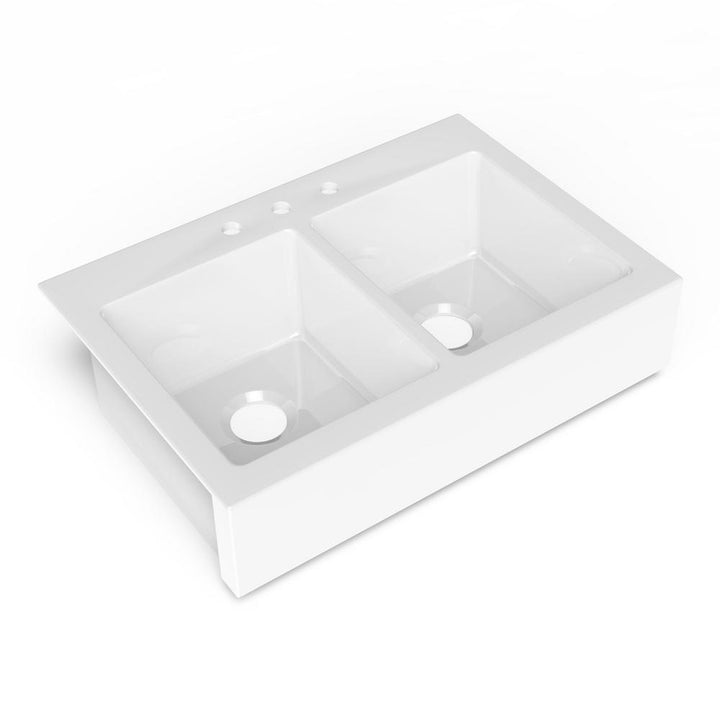 Elevate Quick-Fit Drop-in Farmhouse Fireclay 33.85 in. 3-Hole Double Bowl Kitchen Sink in Crisp White - Super Arbor