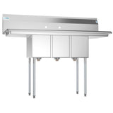 Freestanding Stainless Steel 54 in. 2-Hole Triple Bowl Commercial Kitchen Sink