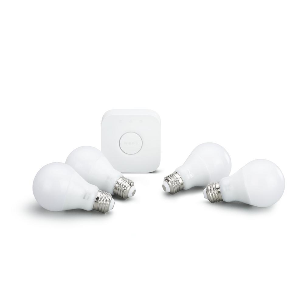 White A19 LED 60W Equivalent Dimmable Smart Wireless Lighting Starter Kit (4 Bulbs and Bridge)