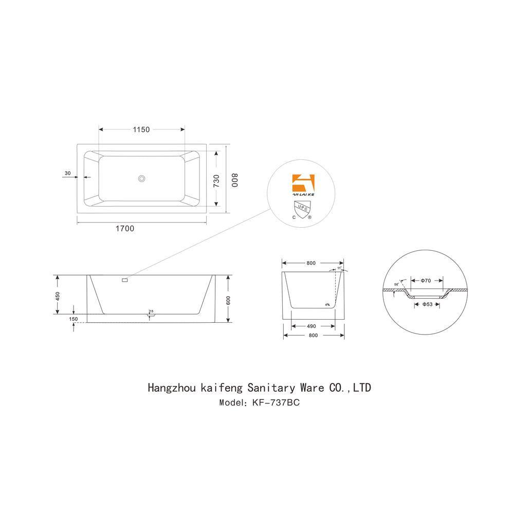 Rectangle 67 in. x 32 in. x 24 in. Contemporary Soaking Acrylic Flatbottom Freestanding Bathtub with Overflow, White - Super Arbor