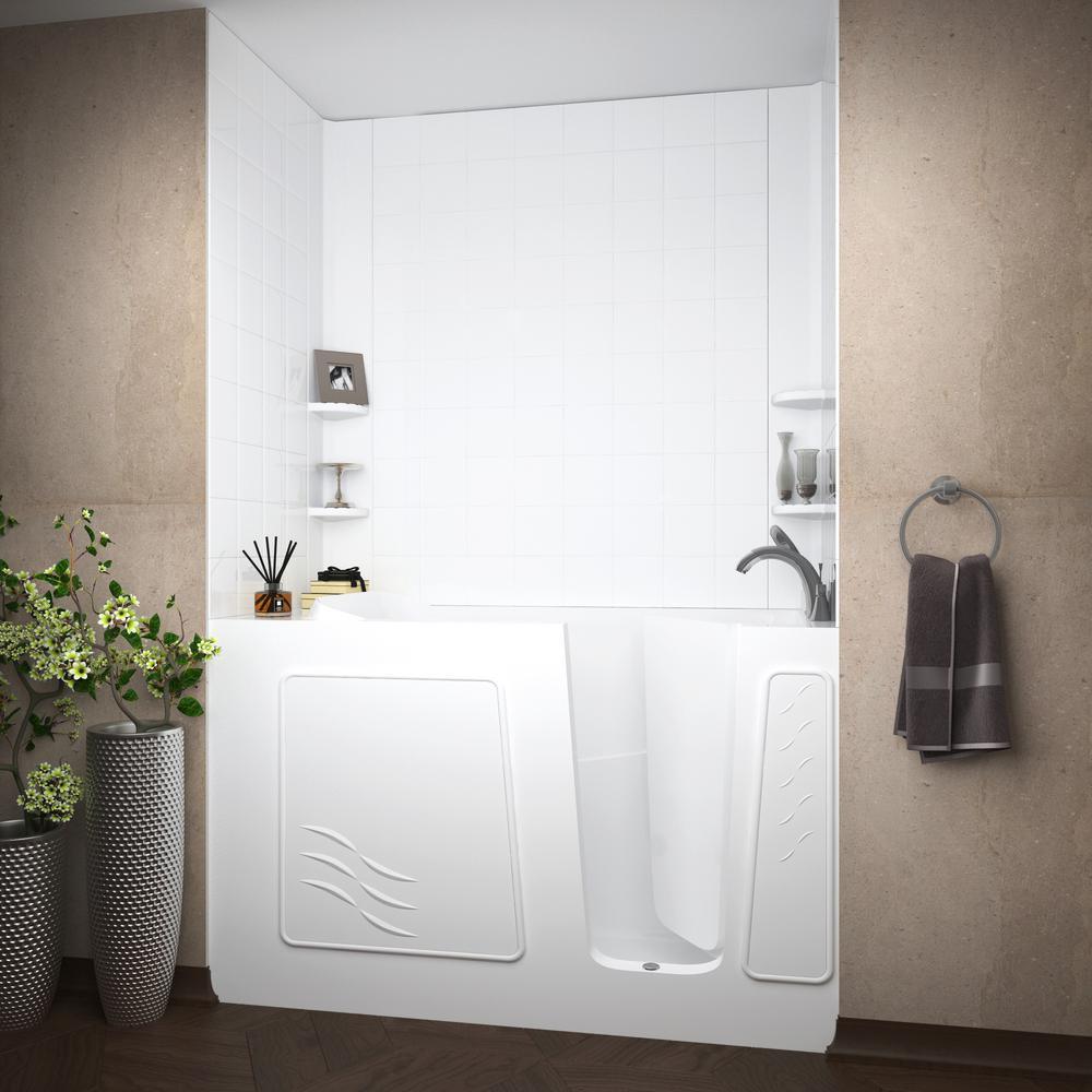 Rampart Nova Heated 5 ft. Walk-in Whirlpool and Air Bathtub with 6 in. Tile Easy Up Adhesive Wall Surround in White - Super Arbor