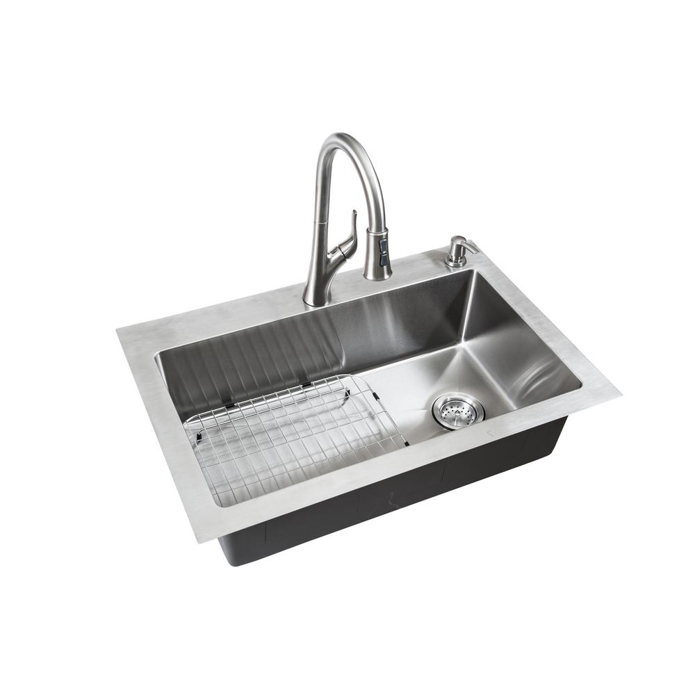 All-in-One Dual Mount Stainless Steel 25 in. 2-Hole Single Bowl Tight Radius Kitchen Sink in Brushed Finish with Faucet - Super Arbor