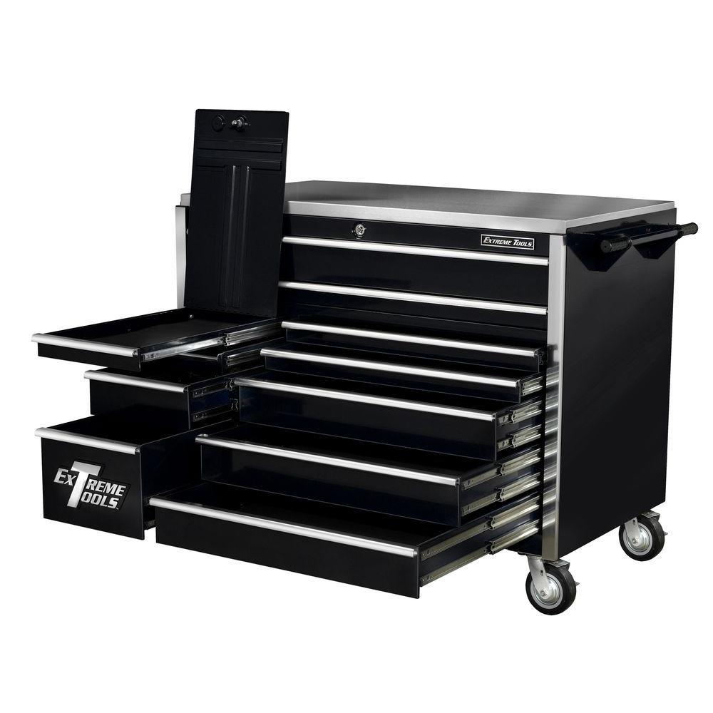55 in. 11-Drawer Professional Roller Cabinet with Stainless Steel Work Surface in Black - Super Arbor