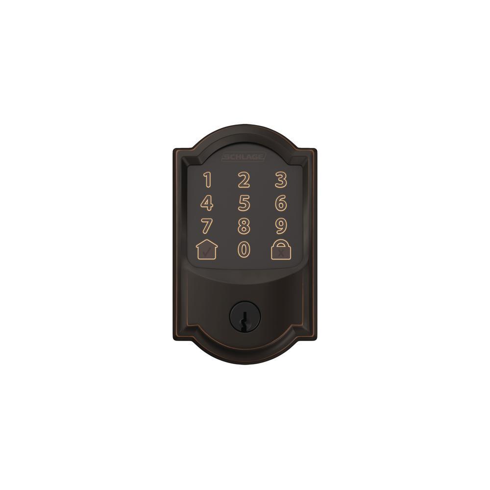 Camelot Encode Smart Wifi Door Lock with Alarm and Accent Lever Handleset in Aged Bronze