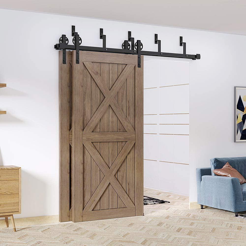 9 ft./108 in. Black Sliding Bypass Barn Door Hardware Track Kit for Double Doors with Non-Routed Floor Guide - Super Arbor