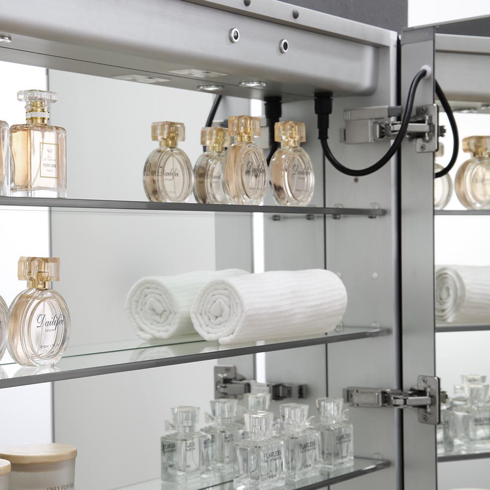 Spazio 30 in. W x 36 in. H Recessed or Surface Mount Medicine Cabinet with LED Lighting and Mirror Defogger - Super Arbor