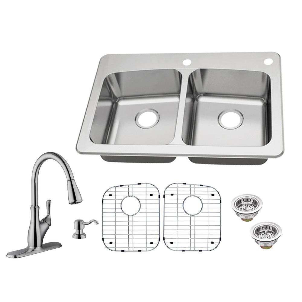 All-in-One Dual Mount 18-Gauge Stainless Steel 33 in. 2-Hole 50/50 Double Bowl Kitchen Sink with Pull-Out Kitchen Faucet - Super Arbor