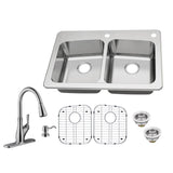 All-in-One Dual Mount 18-Gauge Stainless Steel 33 in. 2-Hole 50/50 Double Bowl Kitchen Sink with Pull-Out Kitchen Faucet - Super Arbor