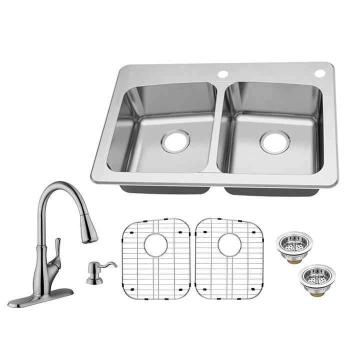 All-in-One Dual Mount 18-Gauge Stainless Steel 33 in. 2-Hole 50/50 Double Bowl Kitchen Sink with Pull-Out Kitchen Faucet - Super Arbor