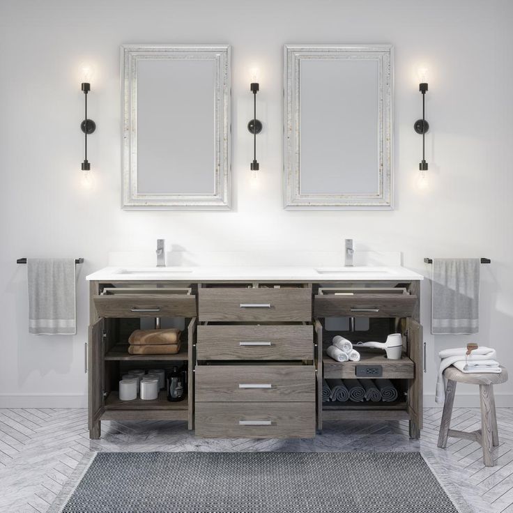 Kali 72 in. W x 22 in. D Bath Vanity in Gray ENGRD Stone Vanity Top in White with White Basin Power Bar and Organizer