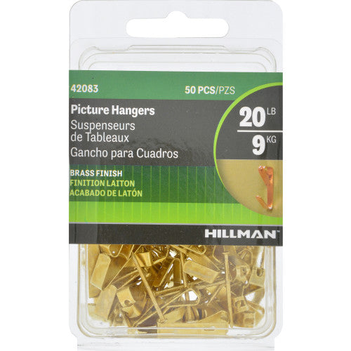 Hillman Brass-Plated Gold Conventional Picture Hangers, 20 lb Capacity, 50 Piece Pack