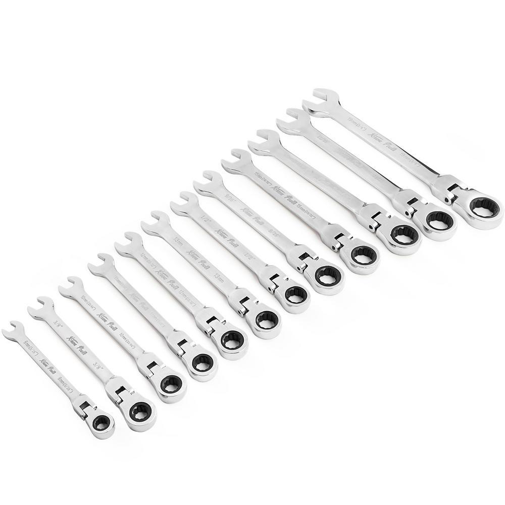 Flex-Head SAE and MM Ratcheting Combination Wrench Set (12-Piece) - Super Arbor