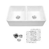 Napa White Fireclay 33 in. 50/50 Double Bowl Farmhouse Apron Front Kitchen Sink with Grids and Strainers