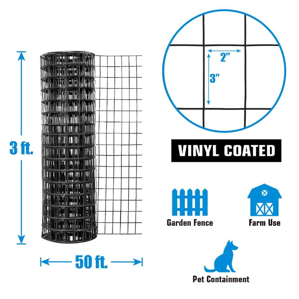 Fencer Wire 3 ft. x 50 ft. 16-Gauge Black Vinyl Coated Welded Wire Fence with 3 in. x 2 in. Mesh, Black Garden Welded Mesh