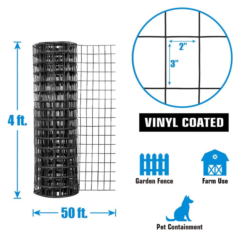Fencer Wire 4 ft. x 50 ft. 16-Gauge Black Vinyl Coated Welded Wire Fence with 3 in. x 2 in. Mesh, Black Garden Welded Mesh