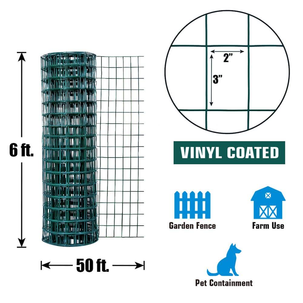 Fencer Wire 6 ft. x 50 ft. 16-Gauge Green Vinyl Coated Welded Wire Fence with 3 in. x 2 in. Mesh, Black Garden Welded Mesh