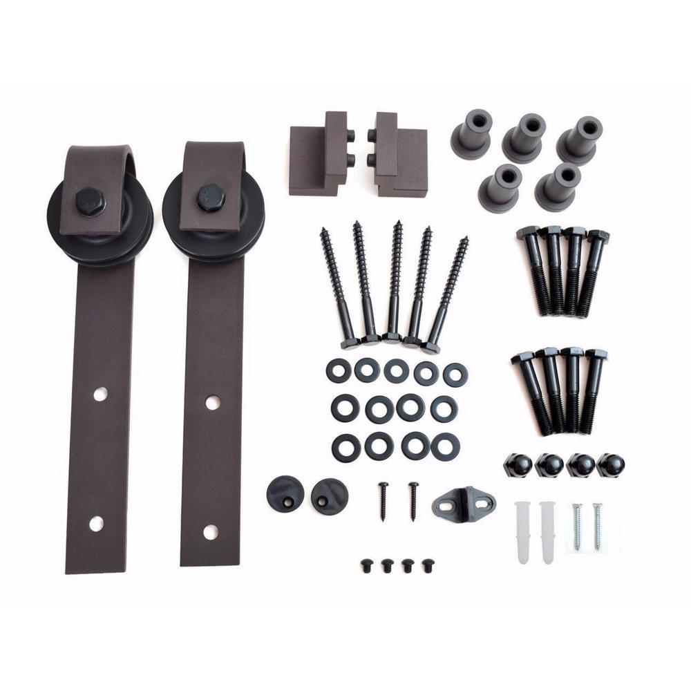 96 in. Antique Bronze Classic Bent Strap Barn Style Sliding Door Track and Hardware Set - Super Arbor
