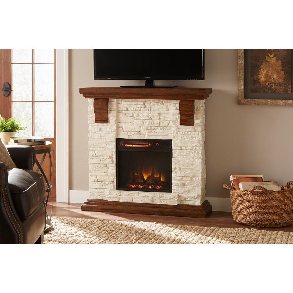 Highland 40 in. Media Console with Faux Stone Electric Fireplace TV Stand in Rustic White - Super Arbor