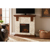 Highland 40 in. Media Console with Faux Stone Electric Fireplace TV Stand in Rustic White - Super Arbor