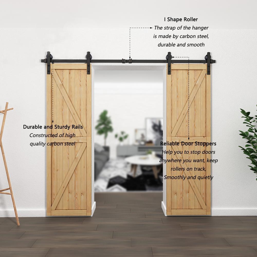 8 ft./96 in. Black Steel Straight Strap Sliding Barn Door Track and Hardware Kit for Double Doors with Floor Guide - Super Arbor