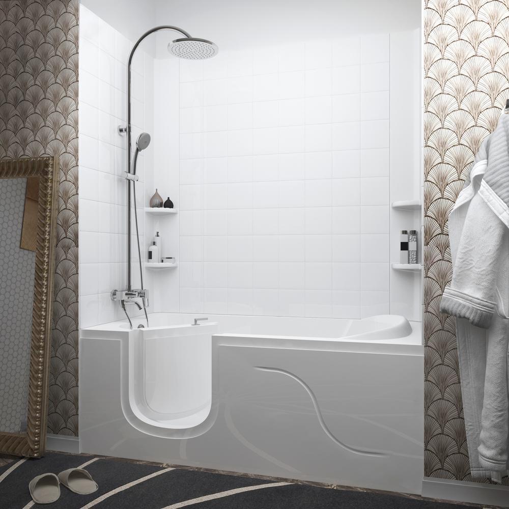 5 ft. Walk-in Non-Whirlpool Bathtub with 6 in. Tile Easy Up Adhesive Wall Surround in White - Super Arbor