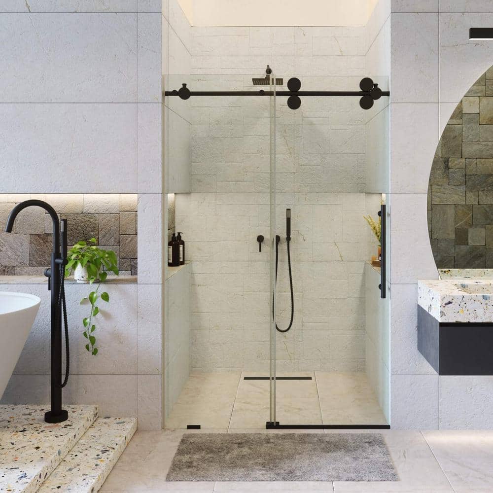 FINE FIXTURES 60 in. W x 80 in. H Single Sliding Frameless Shower Door in Black Finish with Tempered Clear Glass